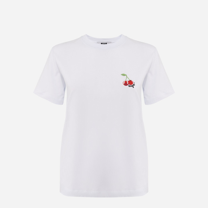 MSGM Flower Embroidered T-shirt 3242MDM197-227298-OPTICAL-WHITE-01 